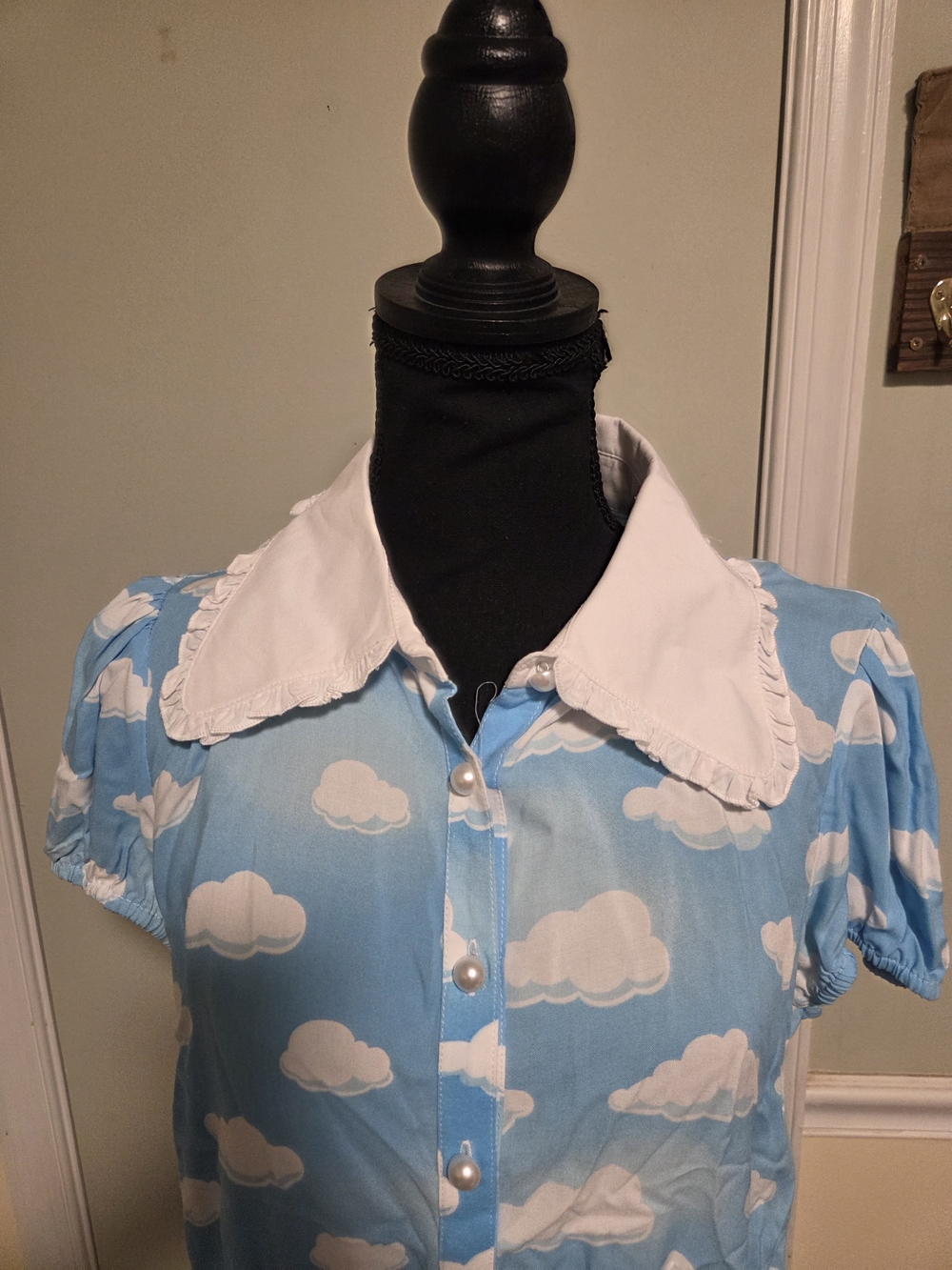 Hell Bunny Blue Cloud Print Button-Down Blouse with White Collar - Picture 2 of 7